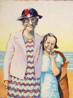 Jean Meyer: 'Moment', 2010 Acrylic Painting, Figurative.   Grandmother and granddaughter on beach  ...