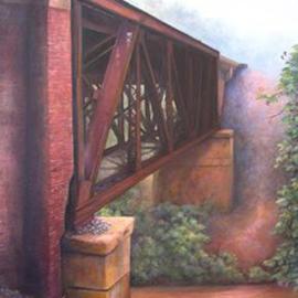 Jennifer E. Miller: 'Trestle Over the Eno', 2005 Oil Painting, Landscape. Artist Description: A difficult painting, as the painting site was steep and trembled as freight trains pounded by.  I had to finish the work from a photograph, and thus lost detail but gained a ghostly appearance that suits this old trestle. ...