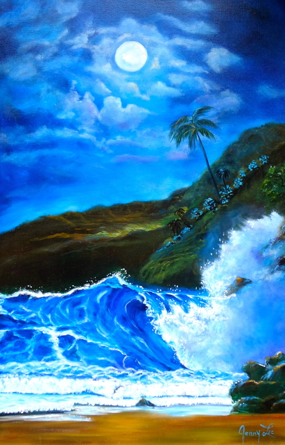 Artist Jenny Jonah. 'Moonlit Hawaiian Night' Artwork Image, Created in 2019, Original Painting Oil. #art #artist