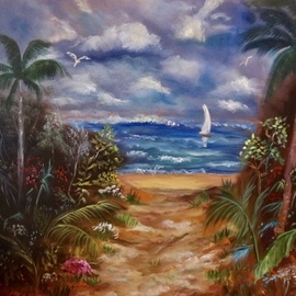 Jenny Jonah: 'path to the beach', 2020 Oil Painting, Beach. Artist Description: ORIGINAL OIL PAINTING ON STRETCHED CANVAS.  SANDY BEACH LEADING TO THETROPICAL OCEAN PUNCTUATED BY PALM TREES AND BEAUTIFUL GARDEN FAUNA ON EACH SIDE OF THE PATH.  SAIL BOAT IN THE DISTANCE.  BEAUTIFUL SUNNY SKIES, A PERFECT DAY FOR SWIMMING.  UNFRAMED...