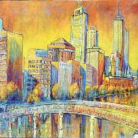 Jeremy Holton: 'The golden city', 2001 Oil Painting, Cityscape. Artist Description: I used to live in Melbourne over 20 years ago and I haven' t been back for a long time.  I had heard about the transformation of the South Bank but when I saw it I was very impressed.  A drab city had been turned into a magical ...