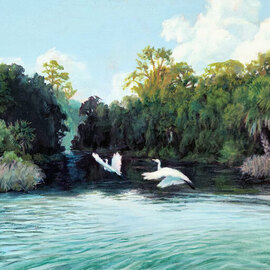 Jerry Maloney: 'heading upstream', 2022 Oil Painting, Landscape. Artist Description: This is a small study of a creek mouth at the Bayport boat ramp park near Weeki Wachi Florida. ...