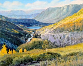 Jerry Maloney: 'on the way to redcliff', 2022 Oil Painting, Landscape. This is the view as you travel up Hwy 24 towards Redcliff, Colorado.  Below is the upper Eagle river and the Gilman Mine tailings pond. ...