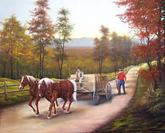 Jerry Sauls: 'Supply Run', 2006 Oil Painting, Animals.  This painting presents an event where members of a close family, representing three generations, make an all too familiar trip to town for a wagonload of supplies to keep the farm functioning for the next trek.  ...