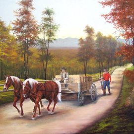Jerry Sauls: 'Supply Run', 2006 Oil Painting, Animals. Artist Description:  This painting presents an event where members of a close family, representing three generations, make an all too familiar trip to town for a wagonload of supplies to keep the farm functioning for the next trek.  ...