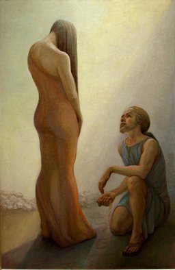 Judith Fritchman: 'Casting Stones', 2008 Oil Painting, Biblical. The story of the accused woman brought before the crowd in the temple is related in the 8th Chapter of the Gospel of John.  She is shown here standing in shame before the humble, kneeling Christ, who offered her compassion and redeeming grace. ...