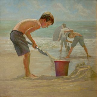 Judith Fritchman: 'Defending the Fort', 2009 Oil Painting, Children.  Young boys defend their fort from the incoming waves. ...