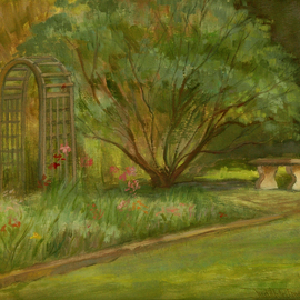 Judith Fritchman: 'Garden II', 2006 Oil Painting, Landscape. Artist Description:  A smoke bush provides shade for the garden bench. ...