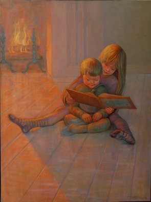 Judith Fritchman: 'Good Night Moon', 2006 Oil Painting, Children.  Big sister and younger brother enjoy a bed time story together.  ...