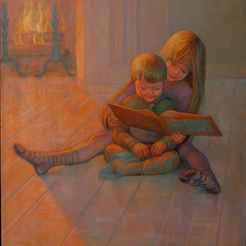 Judith Fritchman: 'Good Night Moon', 2006 Oil Painting, Children. Artist Description:  Big sister and younger brother enjoy a bed time story together.  ...