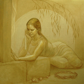 Judith Fritchman: 'Grieving Magdalene', 2008 Oil Painting, Biblical. Artist Description:  All the Gospel accounts of the crucifixion include Mary Magdalene as one of the group of women who waited at the foot of the cross.  Symbolic references to her grief and the resurrection include the willow tree and the crown of thorns. ...