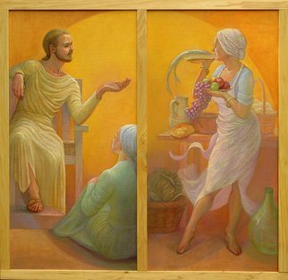 Judith Fritchman: 'Mary and Martha', 2009 Oil Painting, Biblical.  Jesus and His disciples were welcomed into the home of Martha and her sister, Mary, who sat at His feet listening. But Martha was distracted by all the preparations.  This brief account encapsulates the conflict between serving and worship which so many of us experience in our everyday lives.Diptych...