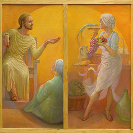 Judith Fritchman: 'Mary and Martha', 2009 Oil Painting, Biblical. Artist Description:  Jesus and His disciples were welcomed into the home of Martha and her sister, Mary, who sat at His feet listening. But Martha was distracted by all the preparations.  This brief account encapsulates the conflict between serving and worship which so many of us experience in our everyday ...