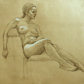 Judith Fritchman: 'Nude 13', 2006 Pencil Drawing, nudes. Artist Description:  Black conte pencil accented with white on tan paper. ...