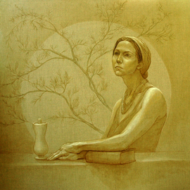 Judith Fritchman: 'Repentant  Magdalene', 2008 Oil Painting, Biblical. Artist Description:  Here, another role of Mary Magdalene is depicted. . . the repentant woman contemplating scripture. She is seated before a background of a Cedar tree, often a symbol of Christ and redemption, and her alabaster perfume jar is a frequent attribute of Mary Magdalene. ...