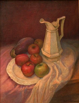 Judith Fritchman: 'Still Life with Apples and Eggplant', 1999 Oil Painting, Still Life.  A green apple takes center stage against a background of reds and violets. ...