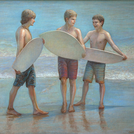 Judith Fritchman: 'the boys of summer', 2016 Oil Painting, Figurative. Artist Description: Young boys sharing the joys of a summer day, skimming at the beach. ...