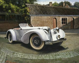 John Gamache: '1929 Duesenburg Model A Boatail Speedster', 2016 Oil Painting, Automotive.  1926 Duesenburg Model A Boatail Speedster - parked in a French a brick courtyard - Brick garages - estate - color white as sun goes down ...