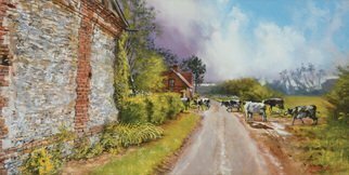 John Gamache: 'Entree dans d orage entrant Sous Marquese', 2016 Oil Painting, Landscape.  Oil on Linen 12 x 24 - Old country farm with stone barn in FR - storm coming - cows heading for shelter in the barn - dirt road - very provincial ...