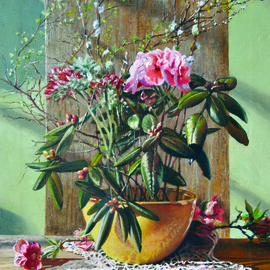 John Gamache: 'Fleurs dans une Cuvette Jaune', 2015 Oil Painting, Still Life. Artist Description:  Oil on linenLaurels - pussy willows - lace dolly - yellow ceramic bowl...