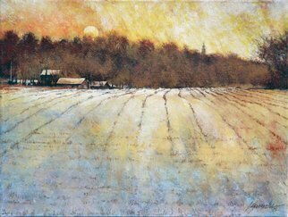 John Gamache: 'Snowy Fields and Mustard Skies', 2017 Oil Painting, Representational. Stark winter corn field, colorfull sky gives it to life. ...