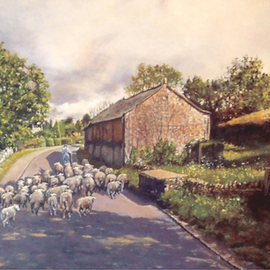 John Gamache: 'commuter hour', 2023 Oil Painting, Representational. Artist Description: English countryside, Sheep going home after along day in the fields, Framed...