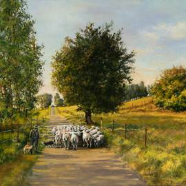 John Gamache: 'sheep herder', 2019 Oil Painting, Representational. Artist Description: Warm sunny afternoon in France, Shepherd, Dogs, leading Sheep home...