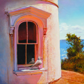 John Gamache: 'the lighthouse guard', 2017 Oil Painting, Representational. Artist Description: Light house Falmouth Cape Cod - Seagull - Window...