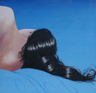 James Gwynne: 'Asleep', 2000 Oil Painting, Figurative. Back view of model with pony tail reclining simple blue background...