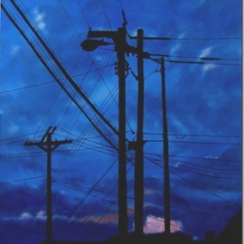 James Gwynne: 'Dusk Silhouettes', 2012 Oil Painting, Landscape. Artist Description:  Blue late evening sky with telephone poles and wires silhouetted ...