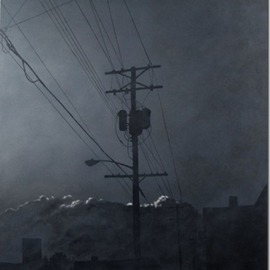 James Gwynne: 'Evening Fog with Telephone Pole', 2012 Oil Painting, Landscape. Artist Description:  Foggy grey conditions with silhouettes of telephone pole and roof tops and highlighted background clouds ...