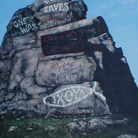 James Gwynne: 'Jesus Saves', 2003 Oil Painting, Landscape. Artist Description: Rocky outcropping in median of well- travelled Rt. 23 in N. J. decorated ( or Marred? ) by grafitti...
