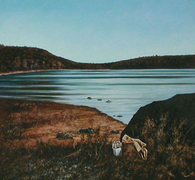 Artist James Gwynne. 'Lake With Six Pack' Artwork Image, Created in 1988, Original Drawing Pencil. #art #artist