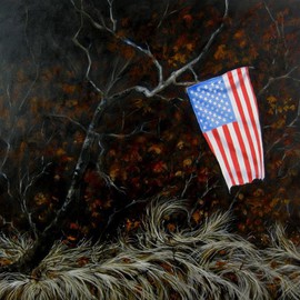 James Gwynne: 'Landscape with Flag II', 2012 Oil Painting, Landscape. Artist Description:  A flag that a patriotic someone tied to a branch in the woods among dried grass and leaves ...