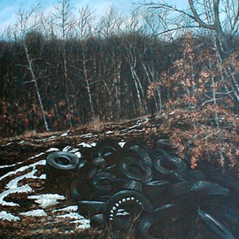James Gwynne: 'Landscape with Tires', 1990 Oil Painting, Landscape. Artist Description: Beautiful winter spot in the woods, withsome fall leaves left on the ground and patches of snow, and, oops, an illegaldumping ground for tires...