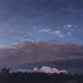 James Gwynne: 'Landscape with Water Tank', 1988 Oil Painting, Landscape. Artist Description: Like a space ship, a water tank peaks through the treesunderneath an evening sky...