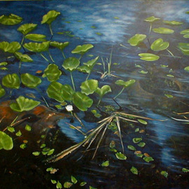 James Gwynne: 'Lily Pond with Barrel and Tire', 1995 Oil Painting, Landscape. Artist Description: Lily pond subject in all of its natural beauty, except for a rusty barrel partly submerged and atire lying on the bottom of the shallow pond....