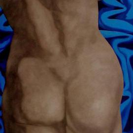 James Gwynne: 'Nude Fragment', 2002 Oil Painting, nudes. Artist Description: Enlarged detail of nude with empty space filled with blue drapery...