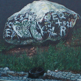 James Gwynne: 'Rock with Grafitti and Tire', 1989 Oil Painting, Landscape. Artist Description: A large rock boldly decorated along awell- travelled highway, accented witha discarded tire...
