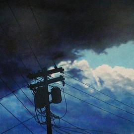 James Gwynne: 'Stormy Sky with Telephone Pole', 1990 Oil Painting, Landscape. Artist Description: Stormy sky with a silhouetted telephone pole and wires...