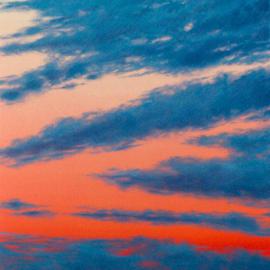 James Gwynne: 'Tiger Sky', 1997 Oil Painting, Landscape. Artist Description: Orange- red sky at sunset with diagonal purple- blue clouds...