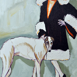 Jaime Hesper: 'Demetra and Moussaka', 2012 Oil Painting, Expressionism. Artist Description:  expressionism, bold colorful,  portrait of woman and her dog, afghan hound, expressionist, thick paint, heavy brushstrokes, inspired by vintage photo,  history, magenta, sage, ivory and white prominent colors, oil on canvas. gallery wrapped canvas.                ...