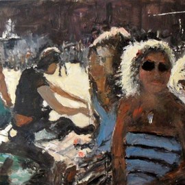 James Bones: 'girls in trafalgar square', 2018 Oil Painting, Cityscape. Artist Description: Girls enjoying the sunshine in trafalgar square...