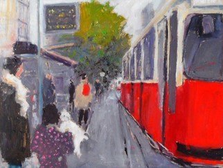 James Bones: 'vienna tram stop', 2018 Oil Painting, Culture. View of  tram stop in vienna with girl and dog...