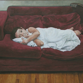 James Morin: 'TV Watcher Girl in White Nightgown', 1996 Oil Painting, Figurative. 