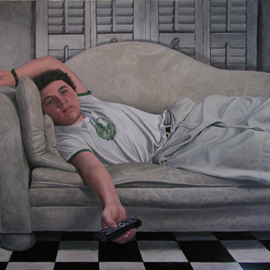 James Morin: 'TV Watcher With Remote', 2004 Oil Painting, Figurative. 