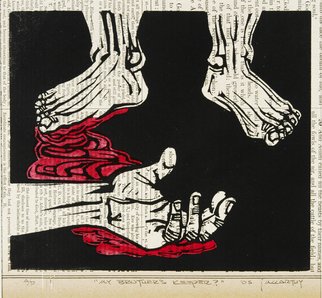 Jack Mccarthy: 'Brothers Keeper', 2005 Linoleum Cut, Religious.  Printed on 1881 bible page ...