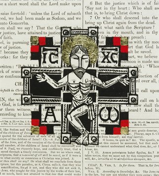 Jack Mccarthy: 'Christus II', 2005 Linoleum Cut, Religious.  Printed on 1881 bible page. Handpainted with gold leaf.  ...