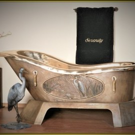 Joe Jumalon: 'Serenity Bath Ensemble', 2019 Bronze Sculpture, Meditation. Artist Description: The Serenity bath ensemble is a very limited edition of 12 exquisite functional art sets.  Bath yourself in elegance in our solid cast bronze bathtub with hand applied 24 kt.  gold and silver ornate accents.  NoteAll cast bronze art pieces will vary slightly in color andor pattern, so ...