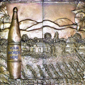 Joe Jumalon: 'YOUR Vinyard', 2019 Bronze Sculpture, Landscape. Artist Description: This cast solid metal art depicts a beautiful vineyard in incredible detail.  Each piece is hand cast and finished.  The wine bottle label is individually customized, Please specify what you want printed on the label.  Note All cast metal art pieces will vary slightly in color andor pattern, ...